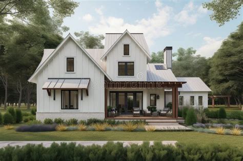 Modern Farmhouse With Wrap Around Porch And Welcoming Entrance Stock