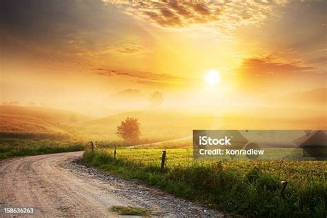 Winding Farm Road Through Foggy Landscape Stock Photo Download Image