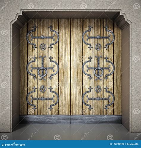 Elegantly Ornamented Old Wooden Doors 3d Illustration Stock