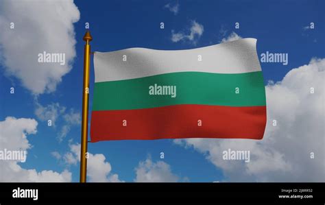 National Flag Of Bulgaria Waving 3d Render With Flagpole And Blue Sky