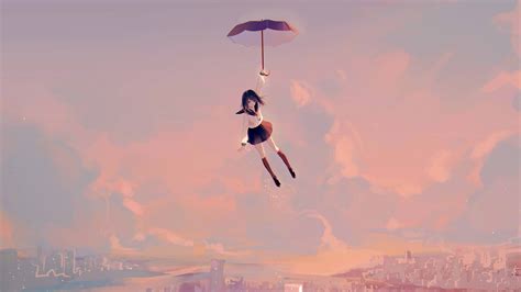 Anime Girl Flying With Umbrella Wallpaper 4k
