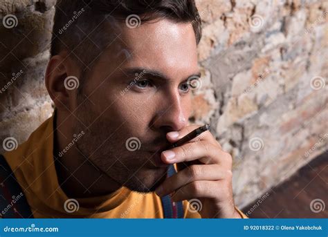 Young Sad Guy With Cigarette In His Mouth Stock Photo Image Of