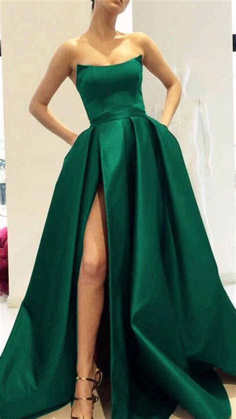 Dark Green Prom Dress Long Satin Strapless Evening Gowns Green Prom