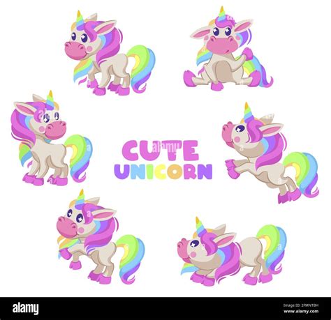 Cute Unicorns Cartoon Fairy Baby Pony In Various Postures Funny Magic