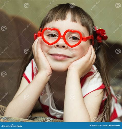 Lovely Little Girl In Glasses In The Form Of Heart Stock Photo Image