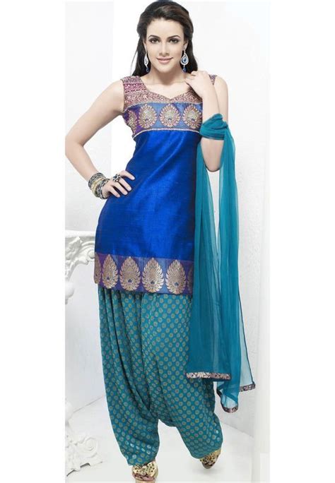 Royal Blue And Turquoise Cotton Silk Patiala Salwar Kameez Dress