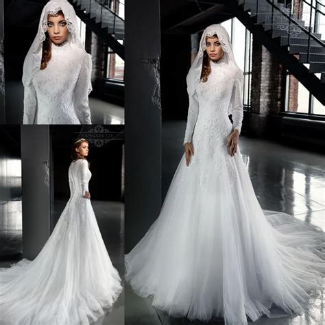 2016 designer white high neck arab wedding dresses a line long sleeves lace muslim hijab wedding