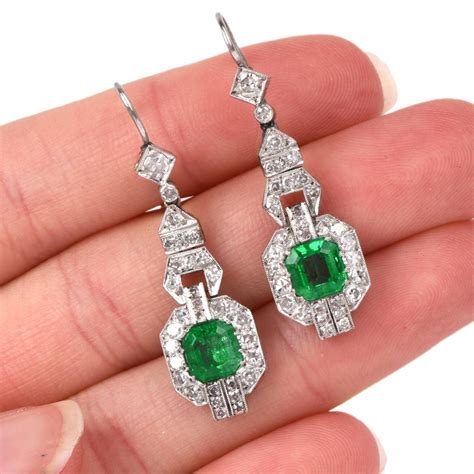 Antique Emerald Diamond Platinum Pendant Earrings At 1stdibs