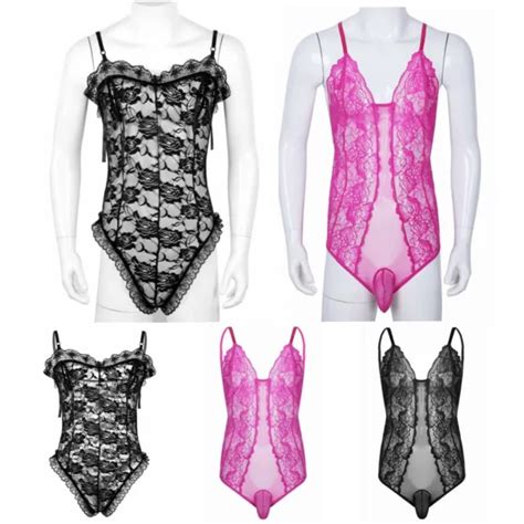 sissy men s one piece lingerie see through sheer lace floral bodysuit nightwear 11 93 picclick