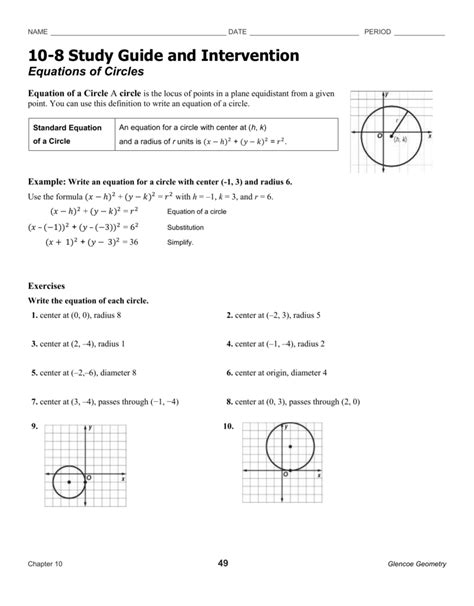 Some of the worksheets for this concept are geometry unit 10 notes circles, 11 equations of circles, unit 10 geometry, trigonometry functions and unit circle test study guide, math 175 trigonometry work, the unit circle, assignment, unit 3 name of unit circles and spheres. 10 8 study guide and intervention equations of circles ...