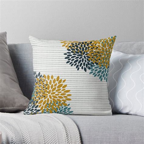 Floral Blooms And Stripes Navy Blue Teal Yellow Gray Throw Pillow