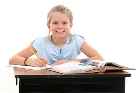 Beautiful Young Girl Sitting At School Desk Stock Photo Image Of