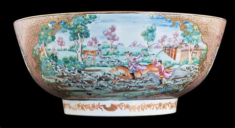 Chinese Export Porcelain Famille Rose Punchbowl With Hunting Scenes And A Ship To The Interior