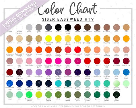 Semi Editable Siser Easyweed Htv Color Chart Siser Htv Color Chart