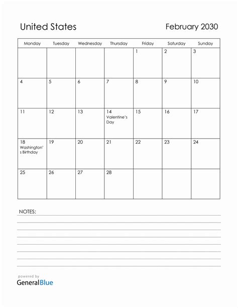 February 2030 United States Calendar With Holidays