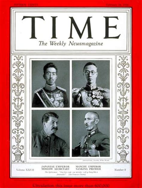 Time Magazine Cover Hirohito Pu Yi Stalin And Chiang Feb 24 1936