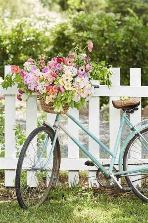 Retro Bike Basket An Antique Bike With A Flower Filled Bike Basket Is