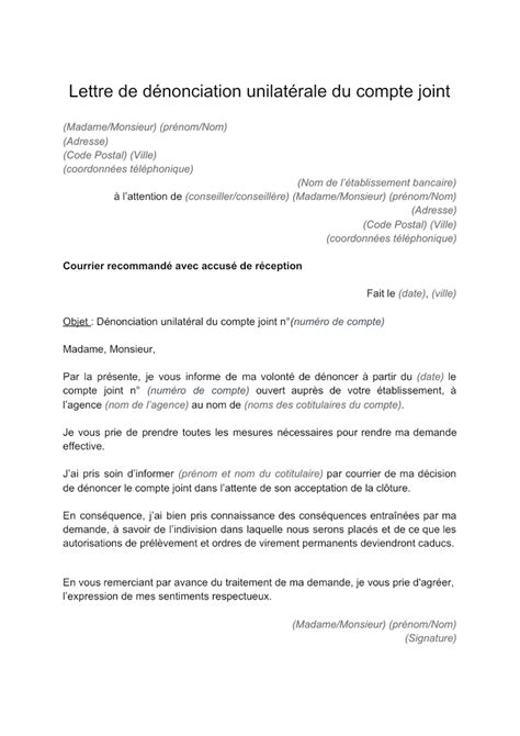 Lettre De D Nonciation Unilaterale Du Compte Joint Document Et Mod Le T L Charger