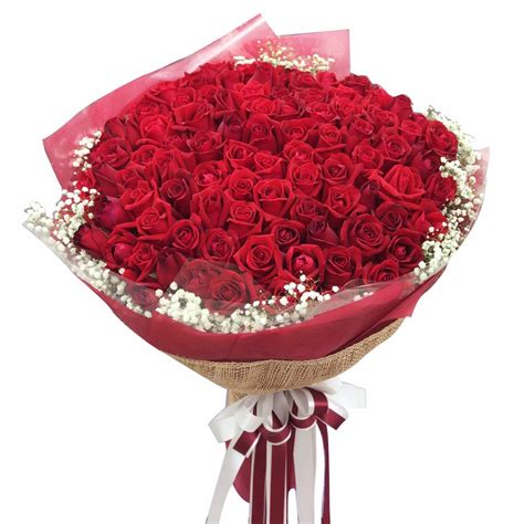 100 Red Roses Bouquet With Gypsy April Flora