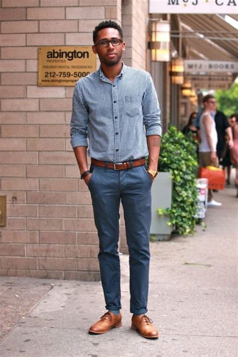 Picture Of Navy Pants A Blue Gingham Shirt Ocher Shoes