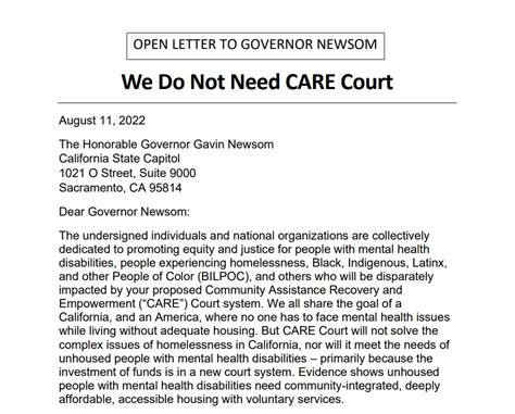 Sacramento CA Open Letter To Governor Newsom Re Opposition To CARE