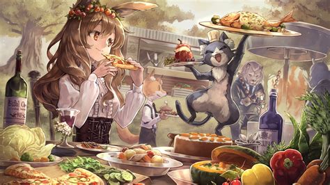 Download 1366x768 Cute Anime Girl Feast Pizza Fruits Vegetables