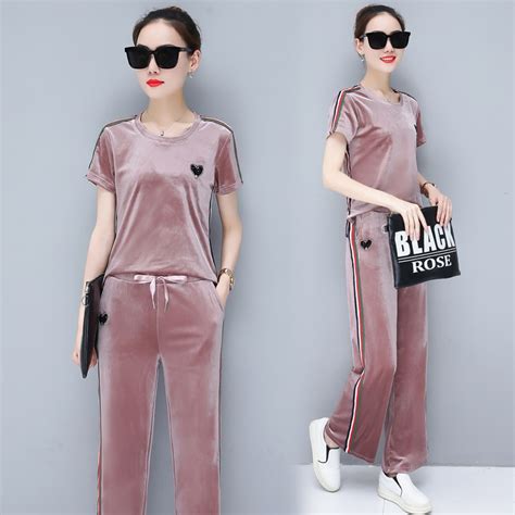 2018 summer ladies tracksuit casual velvet striped pant suits two piece set women tops and track