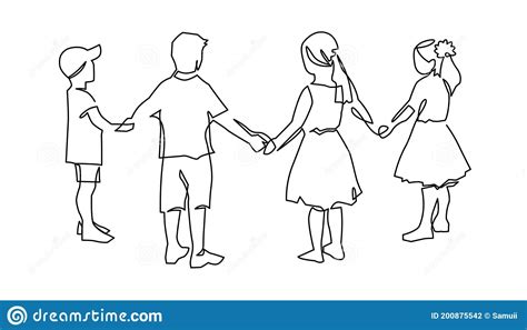 Group Of Young Children Holding Hands Continuous One Line Drawing
