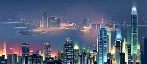 City Lights Hong Kong Romain Trystam Colorful Cityscape Digital Art