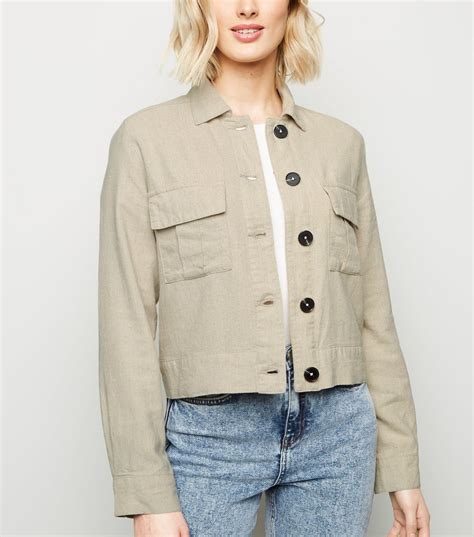 Stone Linen Look Crop Utility Jacket New Look Cargo Jacket Corduroy