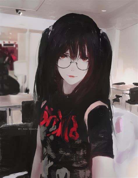 Wallpaper Anime Girl Semi Realistic Meganekko Black Hair Painting Wallpapermaiden