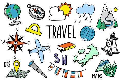 Travel Icons Set In Hand Drawn Doodle Style Tourism And Geography