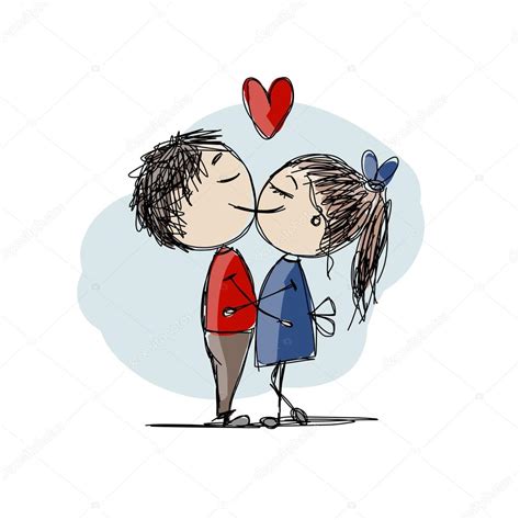 Pareja En Besos De Amor San Valentín Boceto Para Su Diseño — Vector De