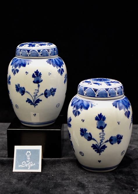 Two Vintage Dutch Blue And White Royal Delft Hand Painted Tea Caddies