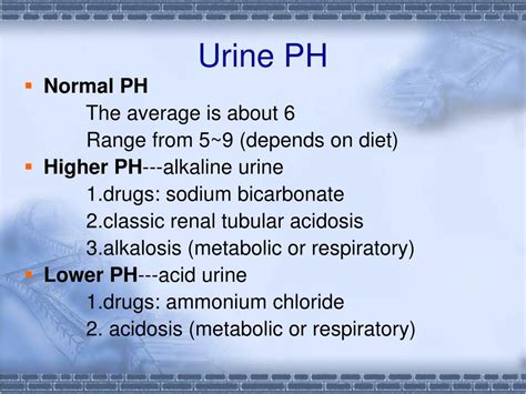 In the urine of a healthy individual, the color comes the ph normally is within the range of 5.5 to 7 with an average of 6.2.3 in persons with hyperuricosuria, acidic urine can contribute to the formation of. PPT - Urinalysis PowerPoint Presentation, free download ...