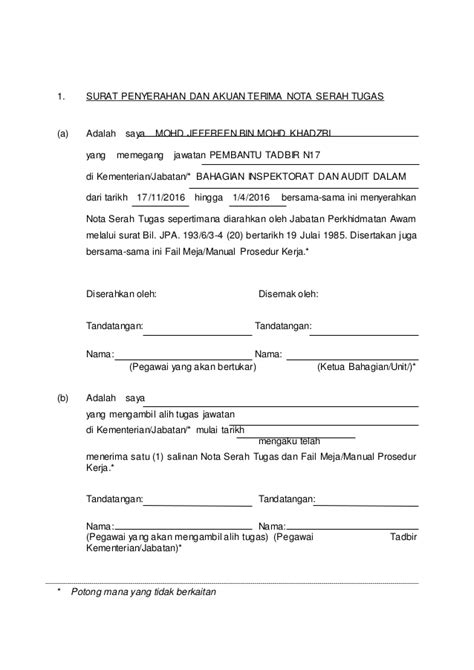 Documents similar to surat an serahan tugas emi. Borang nota serah tugas untuk pertukaran