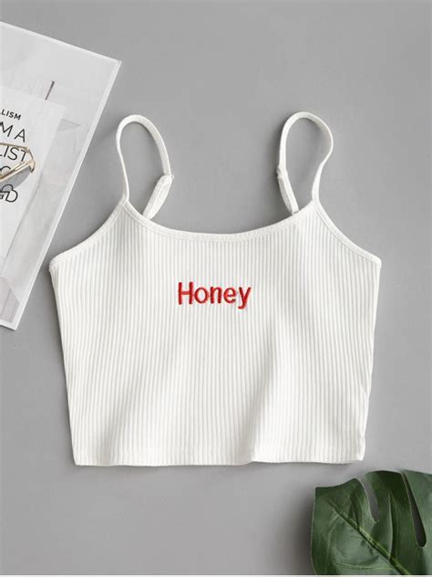 Hot 2019 Ribbed Cropped Honey Embroidered Tank Top In White Xs Zaful