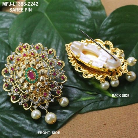 Cz Ruby And Emerald Stones Peacock Design With Pearls Drops Gold Plated Finish Saree Pin Buy Online