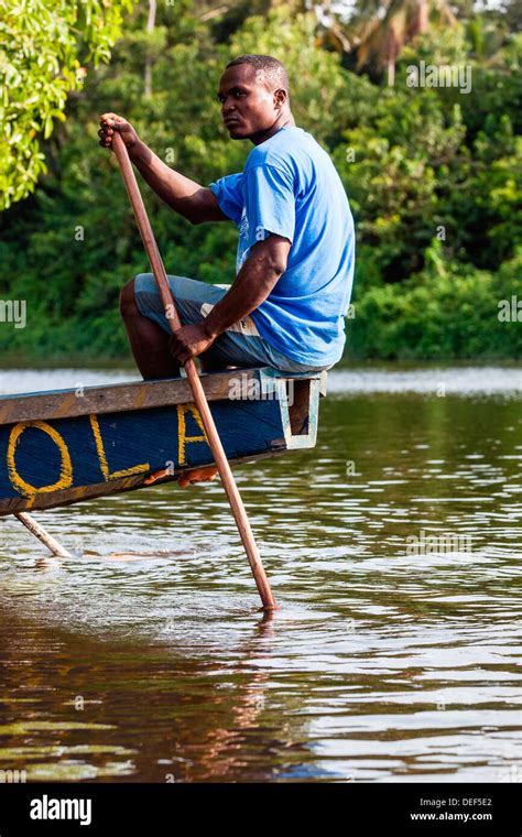 Africa Cameroon Kribi Man Rowing Traditional Pirogue Boat Down Lobe