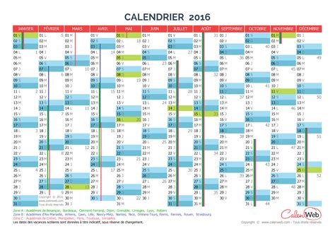 Calendrier Annuel Année 2016 Avec Jours Fériés Et Vacances Scolaires