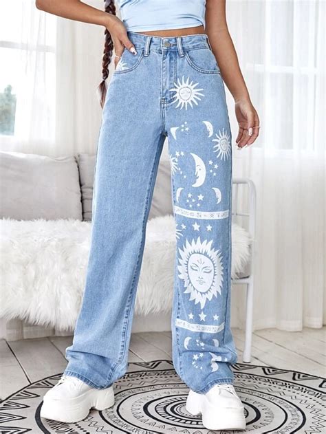 High Waist Sun And Moon Print Jeans Shein Denim Diy Jeans Diy Girls