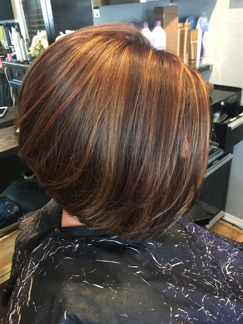 Beautiful A Line Bob With A Dark Copper And Highlights Brunette Hair