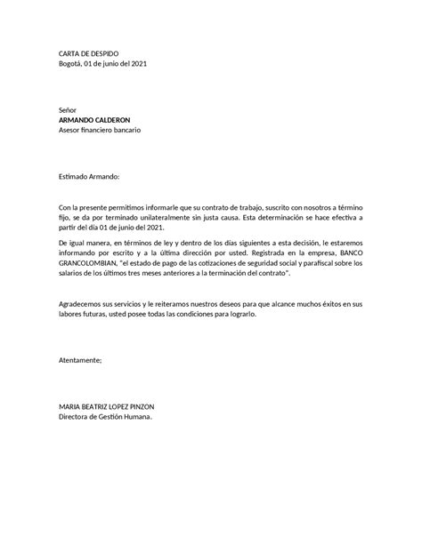 Carta De Despido De Un Empleado De Bancolombia Ejercicios De Derecho
