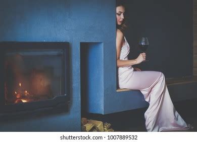 Sexy Woman Front Fireplace Wood Fireplace Stock Photo