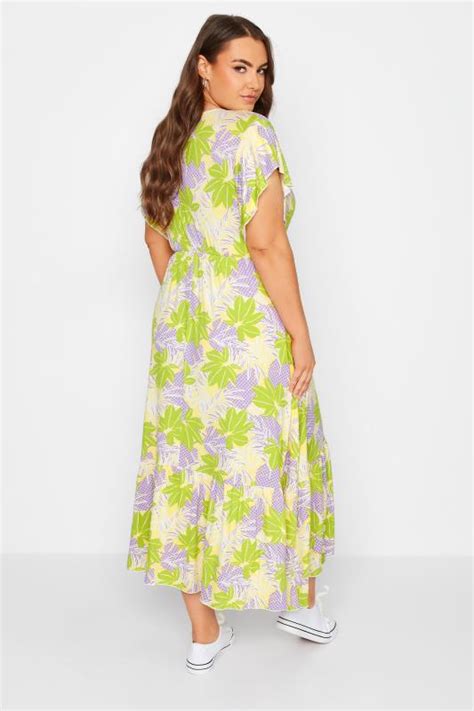 Plus Size Yellow Leaf Print Tiered Midaxi Dress Yours Clothing