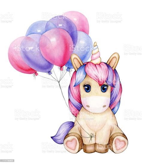 Cute Sitting Baby Unicorn Cartoon With Balloons Isolated On White Stock