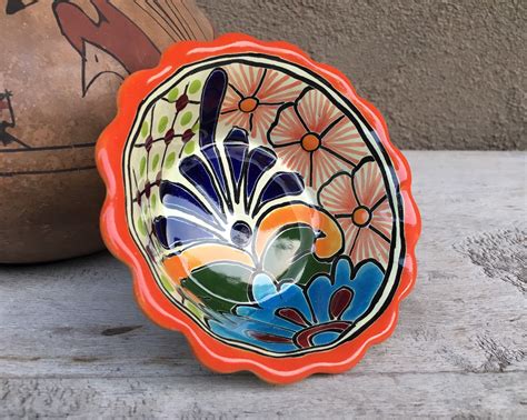 Mexican Talavera Pottery Bowl 5 Orange And Blue Rustic Southwestern