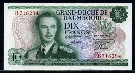 Tab to the end of the page to access this notification. Luxembourg paper money 10 Francs note of 1967, Grand Duke ...