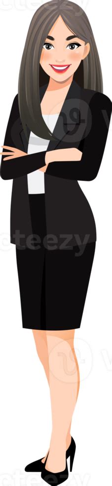 flat icon with businesswoman cartoon character in office style smart suit and crossed arms pose