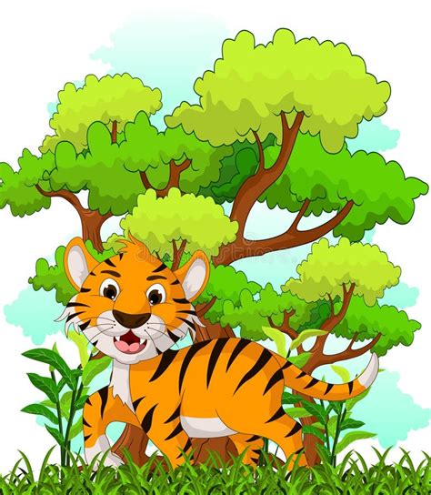 Tiger Cartoon With Forest Background Stock Illustration Illustration